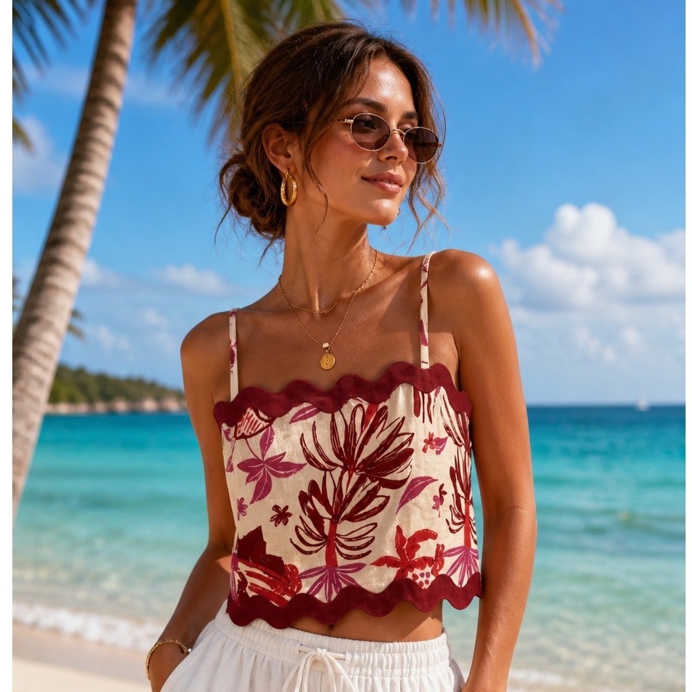 Caroline Constas Scalloped Rickrack Tropical Floral Linen Crop Top Red Pink Med